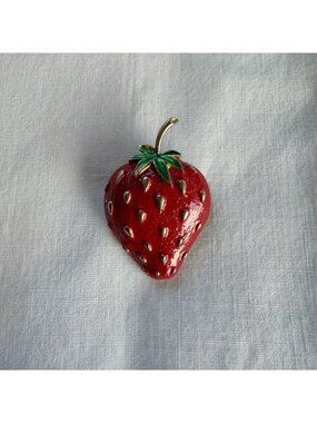 Vintage Enamel Kitschy MCM Figural Strawberry Brooch